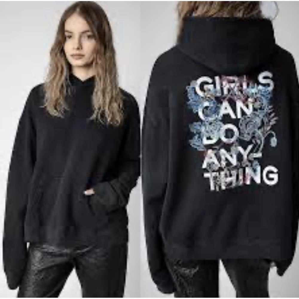 Zadig & Voltaire Women's Black Mona Hoodie S Girls Can Do Anything Pocket NWT